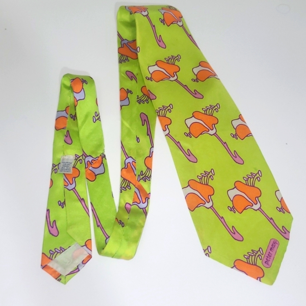 Peter Max Silk Tie Signed Pop Art Chartreuse Orange Purple   Iris Floral Print